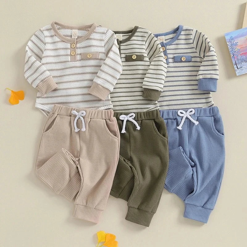 Giggles And Grab Lioraitiin Newborn baby boy & girl fall winter clothes Lioraitiin 0-18M Newborn Baby Boy Girl Fall Winter Clothes – Waffle Knit Striped Romper & Long Pants Set, Home Outfit"