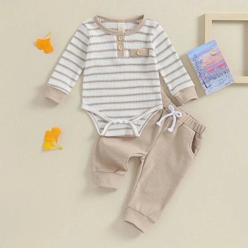 Giggles And Grab Lioraitiin Newborn baby boy & girl fall winter clothes Lioraitiin 0-18M Newborn Baby Boy Girl Fall Winter Clothes – Waffle Knit Striped Romper & Long Pants Set, Home Outfit"