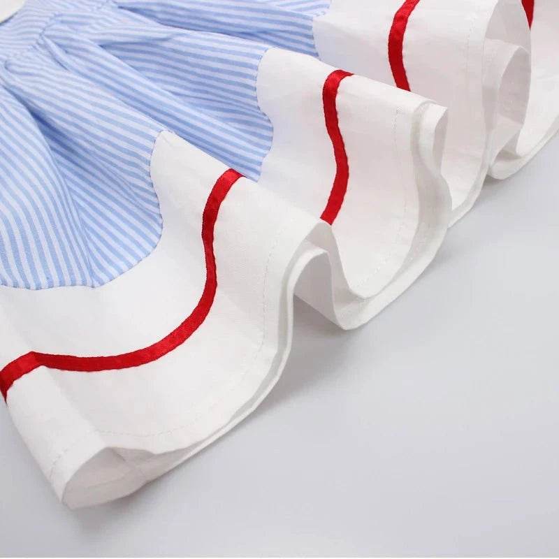 New Summer Embroidery Cherry Turn-Down Collar Sleeveless Striped Dress Cotton Infant Princess Dress Toddler Girls Clothes - Giggles And Grab