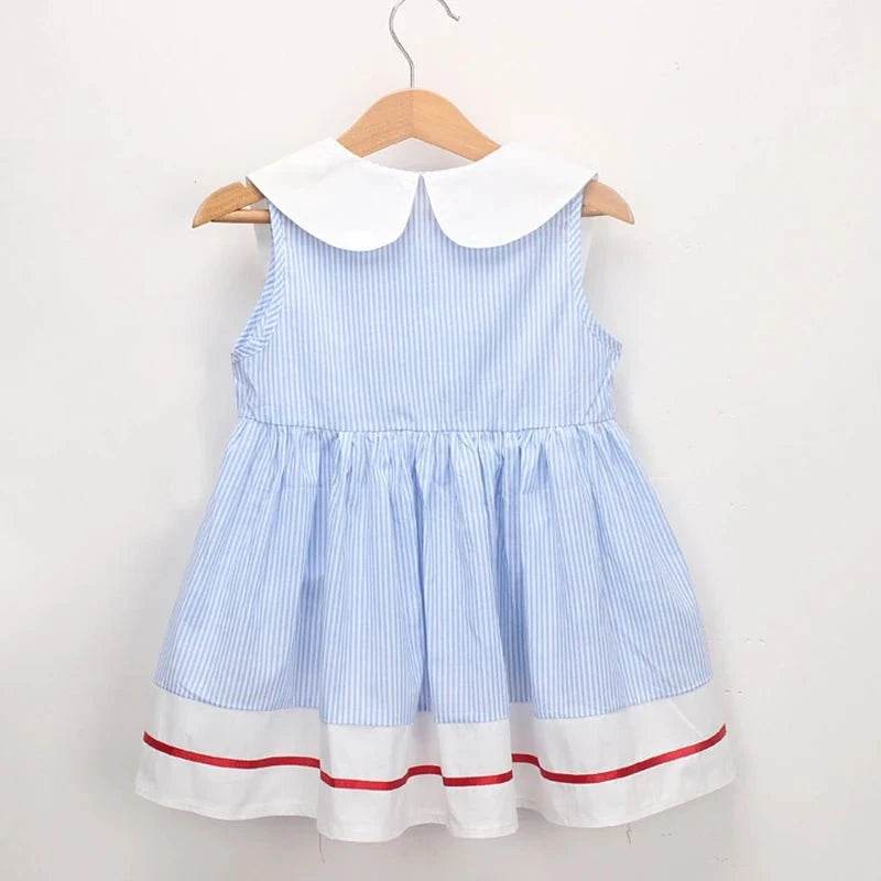 New Summer Embroidery Cherry Turn-Down Collar Sleeveless Striped Dress Cotton Infant Princess Dress Toddler Girls Clothes - Giggles And Grab