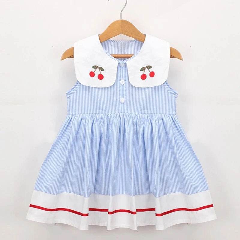 New Summer Embroidery Cherry Turn-Down Collar Sleeveless Striped Dress Cotton Infant Princess Dress Toddler Girls Clothes - Giggles And Grab