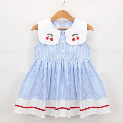 New Summer Embroidery Cherry Turn-Down Collar Sleeveless Striped Dress Cotton Infant Princess Dress Toddler Girls Clothes - Giggles And Grab