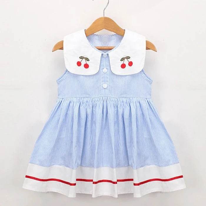 New Summer Embroidery Cherry Turn-Down Collar Sleeveless Striped Dress Cotton Infant Princess Dress Toddler Girls Clothes - Giggles And Grab