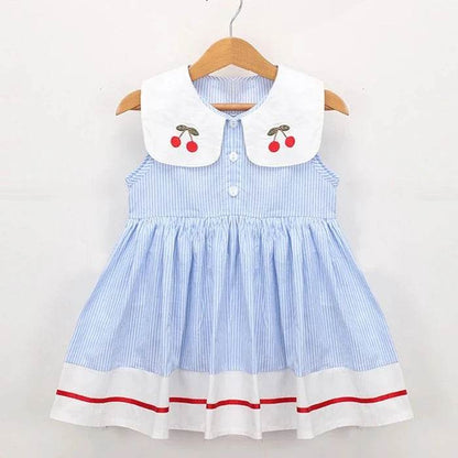 New Summer Embroidery Cherry Turn-Down Collar Sleeveless Striped Dress Cotton Infant Princess Dress Toddler Girls Clothes - Giggles And Grab