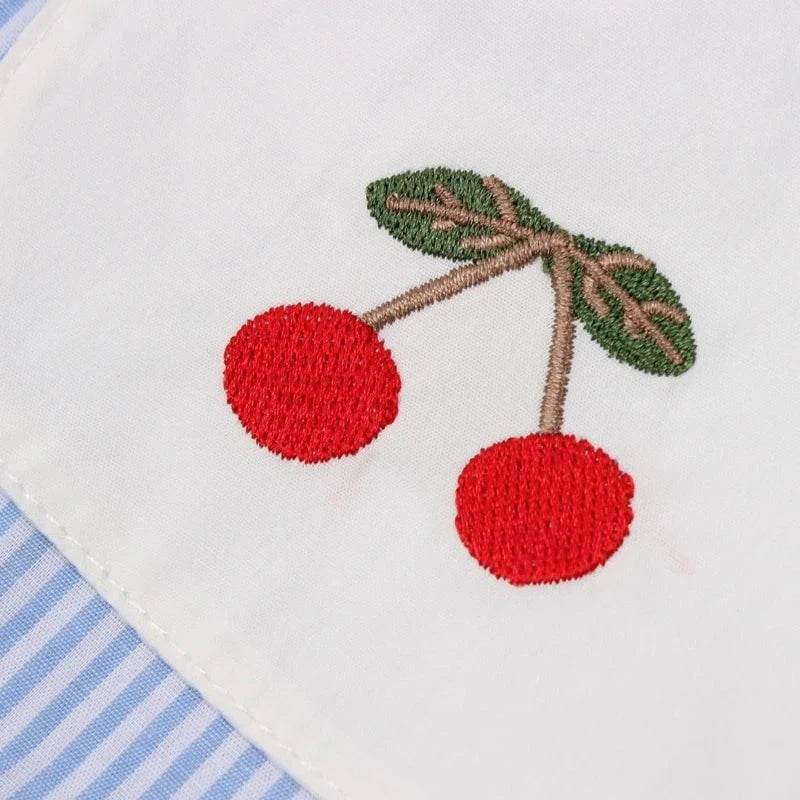 New Summer Embroidery Cherry Turn-Down Collar Sleeveless Striped Dress Cotton Infant Princess Dress Toddler Girls Clothes - Giggles And Grab