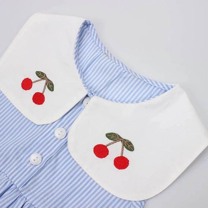 New Summer Embroidery Cherry Turn-Down Collar Sleeveless Striped Dress Cotton Infant Princess Dress Toddler Girls Clothes - Giggles And Grab
