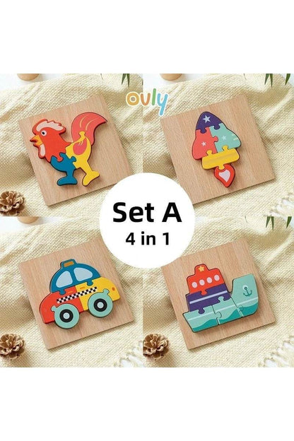 4Pcs 3D Wooden Animal Puzzle - Early Education Development Toys for Toddlers (2-3 Years) - Giggles And Grab