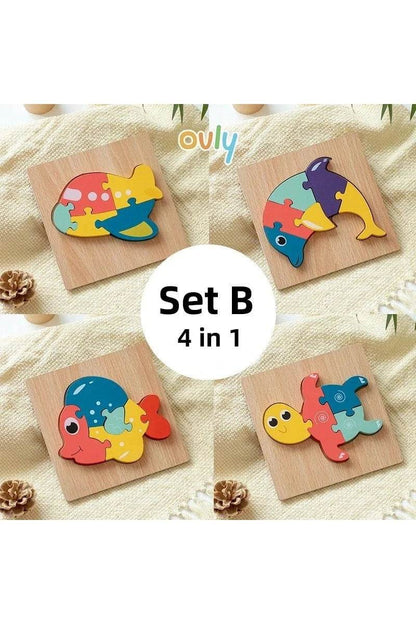 4Pcs 3D Wooden Animal Puzzle - Early Education Development Toys for Toddlers (2-3 Years) - Giggles And Grab