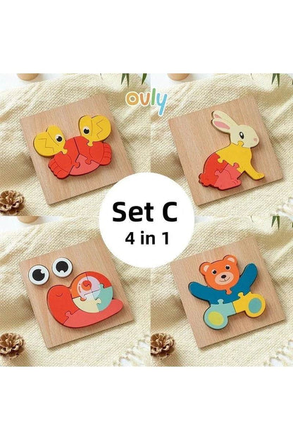 4Pcs 3D Wooden Animal Puzzle - Early Education Development Toys for Toddlers (2-3 Years) - Giggles And Grab