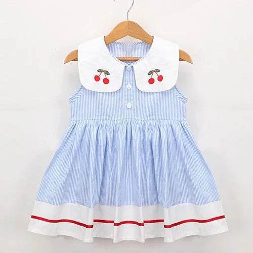 New Summer Embroidery Cherry Turn-Down Collar Sleeveless Striped Dress Cotton Infant Princess Dress Toddler Girls Clothes - Giggles And Grab