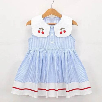 New Summer Embroidery Cherry Turn-Down Collar Sleeveless Striped Dress Cotton Infant Princess Dress Toddler Girls Clothes - Giggles And Grab