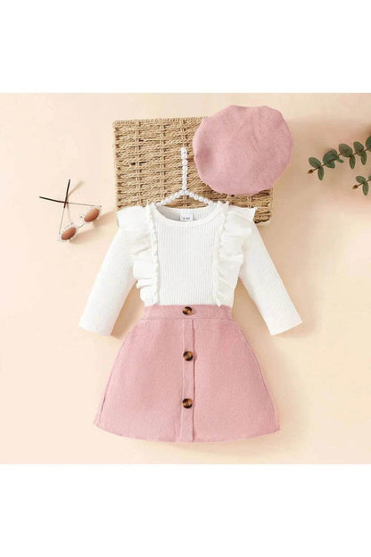 Spring & Autumn Baby Girl Clothes Set – 3-Piece Toddler Outfit with Solid Top, Elastic Waist Skirt & Beret (0-3Y) - Giggles And Grab