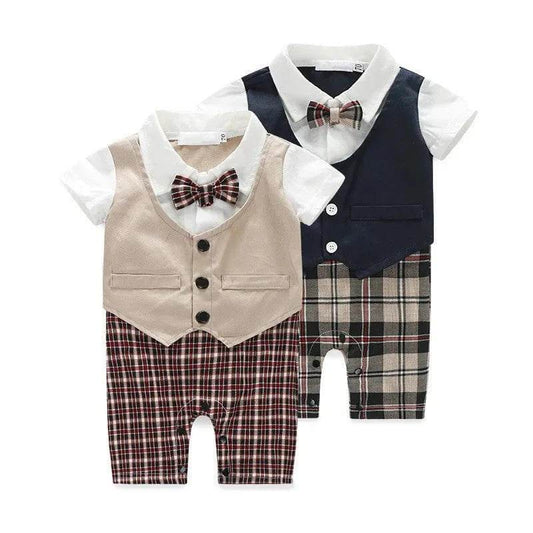 Summer Newborn Baby Romper Infant Boy Gentleman Suit Formal Bow Tie Romper Jumpsuit Baby Boy Clothes Outfits 0-3T - Giggles And Grab