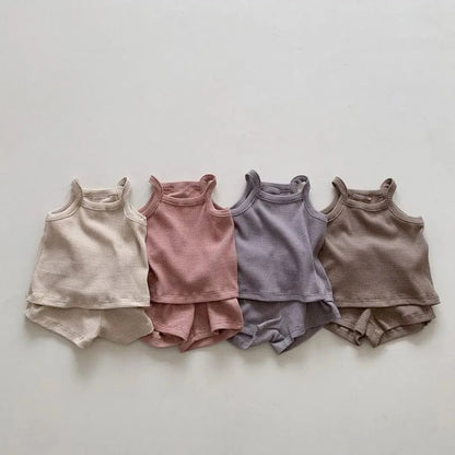 Giggles And Grab Summer set for girls 2025 Summer New Baby Sleeveless Clothes Set Solid Infant Sling Vest + Shorts 2pcs Suit Boy Girl Thin Cotton Toddler Outfits"
