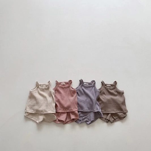 Giggles And Grab Summer set for girls 2025 Summer New Baby Sleeveless Clothes Set Solid Infant Sling Vest + Shorts 2pcs Suit Boy Girl Thin Cotton Toddler Outfits"