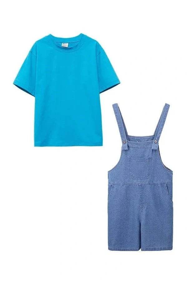 T-Shirt & Denim Blue Bib Shorts – Jeans Overalls for Boys & Girls - Giggles And Grab