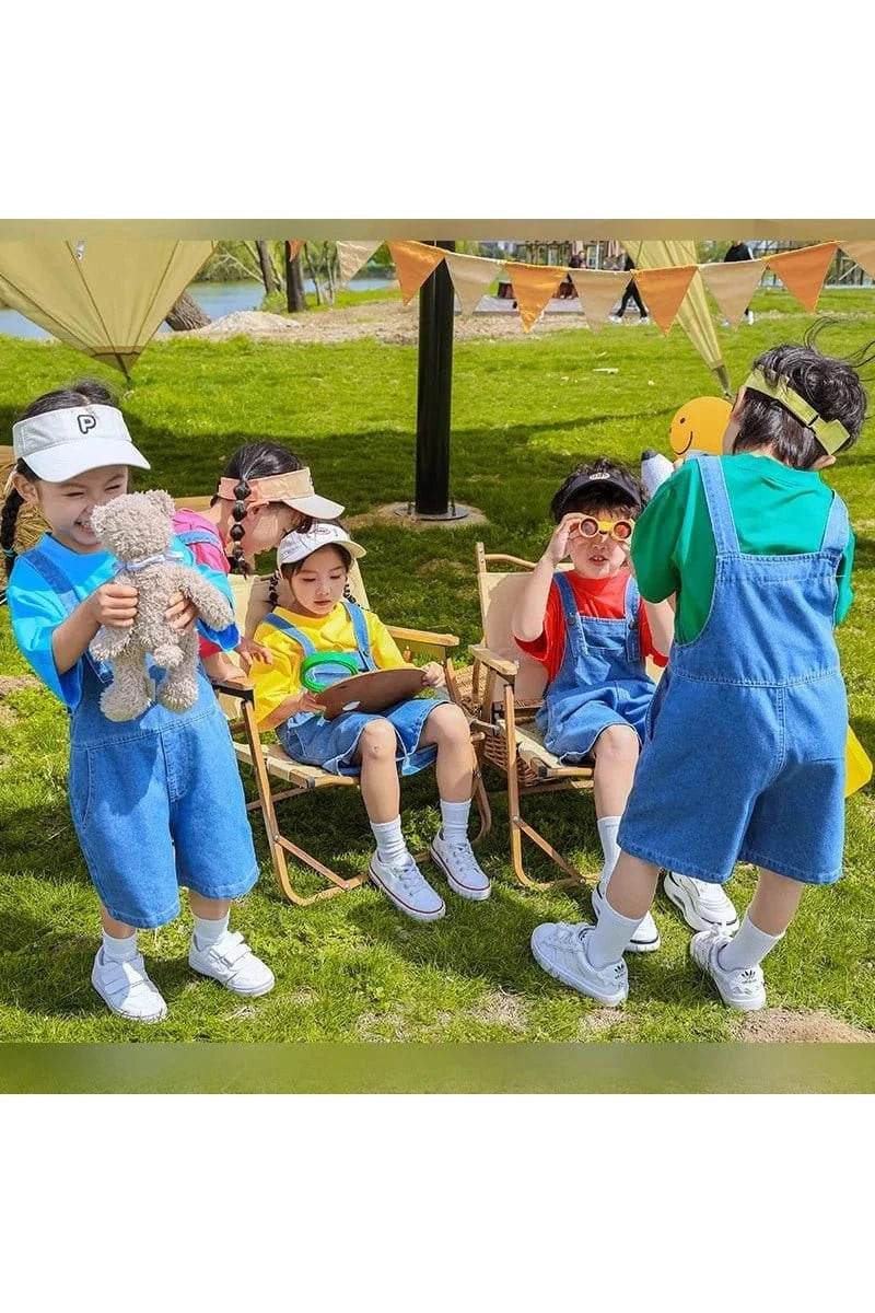 T-Shirt & Denim Blue Bib Shorts – Jeans Overalls for Boys & Girls - Giggles And Grab