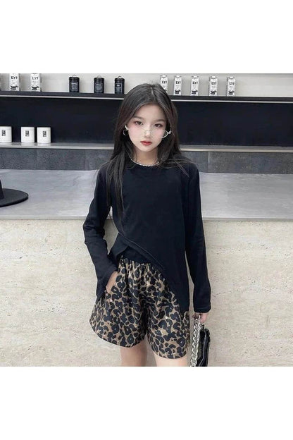 Summer & Autumn Korean Teen Girls 3-Piece Outfit Set – Irregular T-Shirt, Vest & Leopard Print Shorts - Giggles And Grab