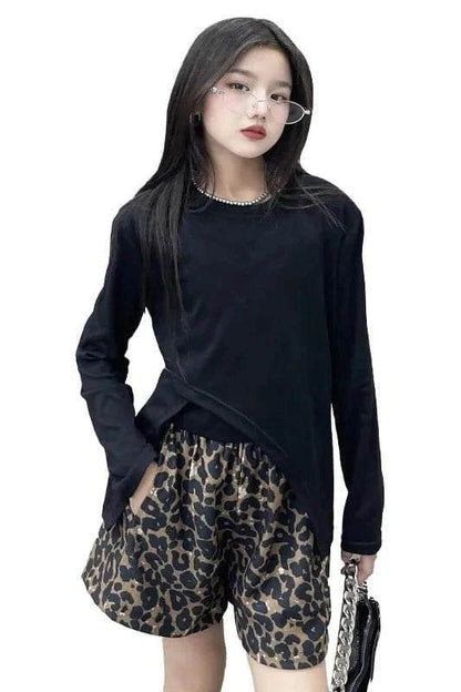 Summer & Autumn Korean Teen Girls 3-Piece Outfit Set – Irregular T-Shirt, Vest & Leopard Print Shorts - Giggles And Grab