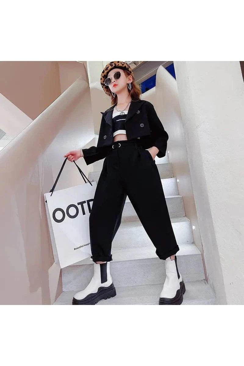 Teenage Girl Blazer Suit Set – 3-Piece Spring & Autumn Clothing Set with Jacket, Pants & Belt - Giggles And Grab