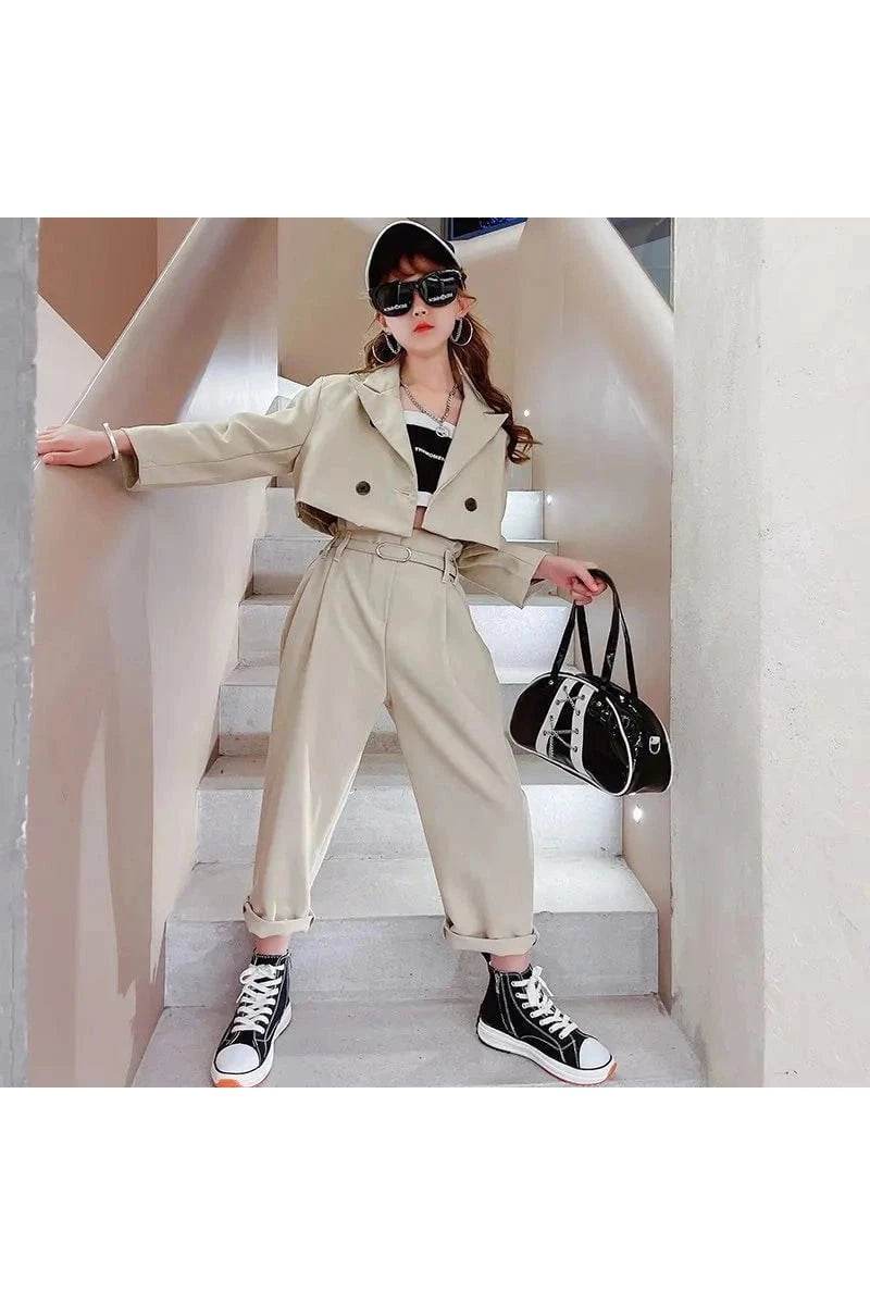 Teenage Girl Blazer Suit Set – 3-Piece Spring & Autumn Clothing Set with Jacket, Pants & Belt - Giggles And Grab