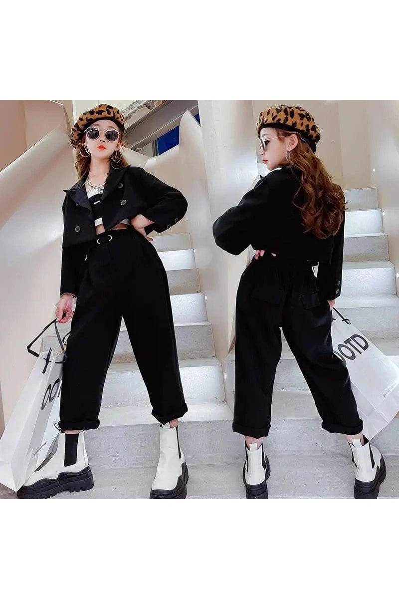 Teenage Girl Blazer Suit Set – 3-Piece Spring & Autumn Clothing Set with Jacket, Pants & Belt - Giggles And Grab