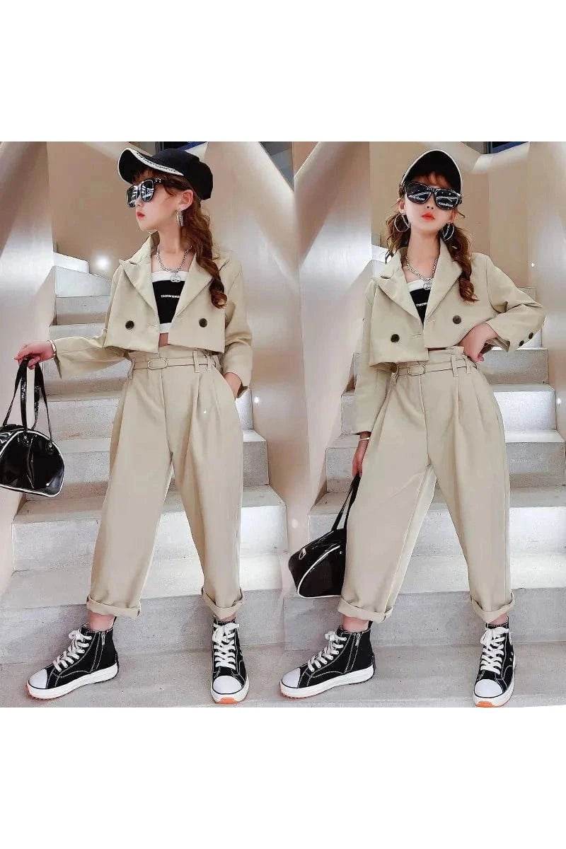 Teenage Girl Blazer Suit Set – 3-Piece Spring & Autumn Clothing Set with Jacket, Pants & Belt - Giggles And Grab