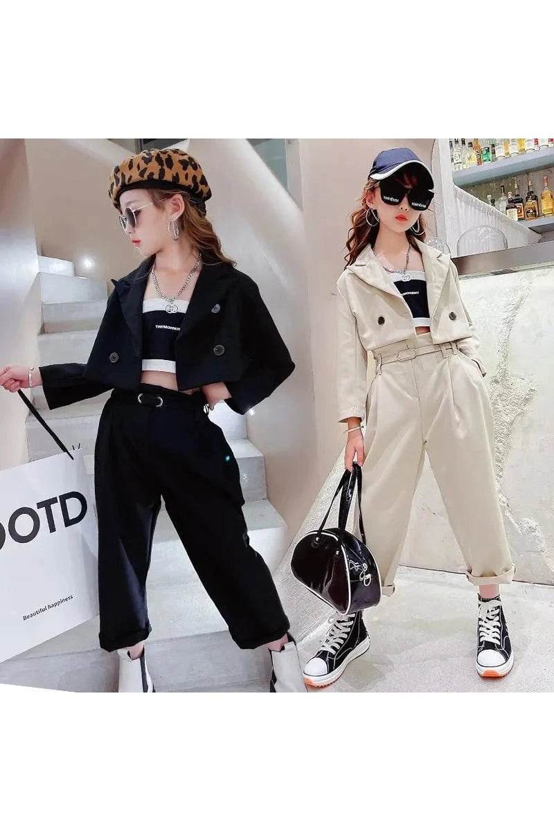 Teenage Girl Blazer Suit Set – 3-Piece Spring & Autumn Clothing Set with Jacket, Pants & Belt - Giggles And Grab