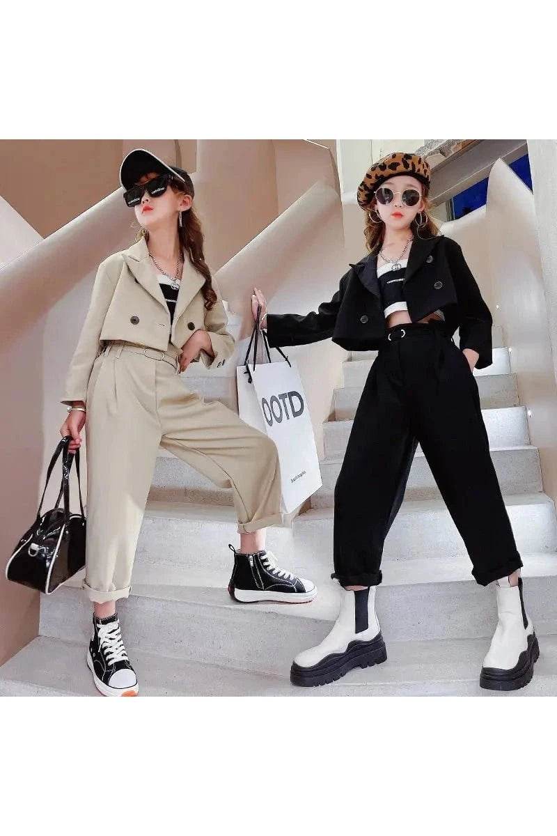 Teenage Girl Blazer Suit Set – 3-Piece Spring & Autumn Clothing Set with Jacket, Pants & Belt - Giggles And Grab