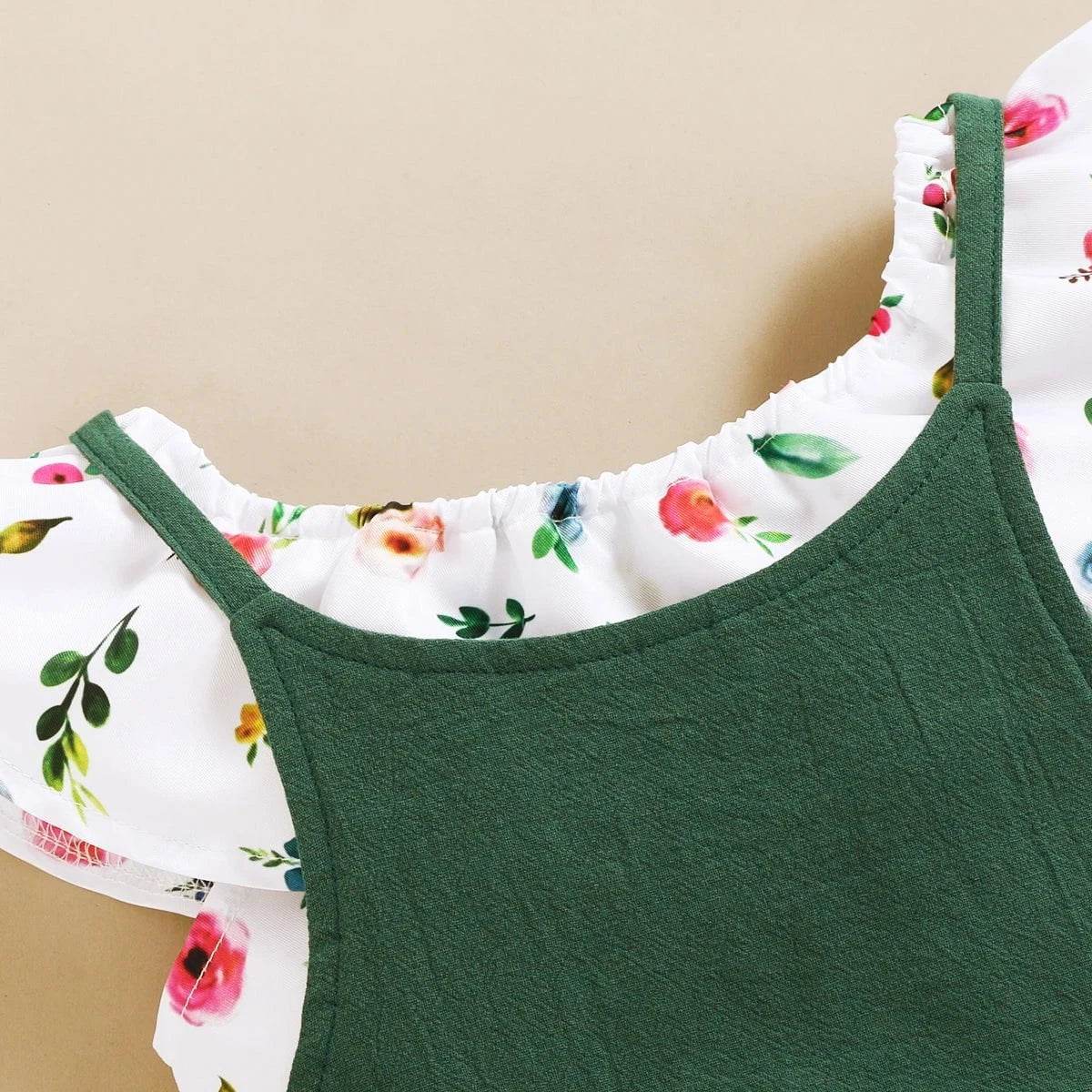 Toddler Girl Set 1-5 Years Kids Baby Girl Clothes Set Floral Print Lotus Leaf Short Top + Suspender Pant Fashion Cute 2PCS Outfit - Giggles And Grab