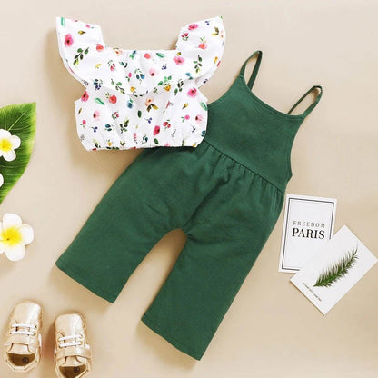 Toddler Girl Set 1-5 Years Kids Baby Girl Clothes Set Floral Print Lotus Leaf Short Top + Suspender Pant Fashion Cute 2PCS Outfit - Giggles And Grab