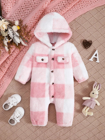 Giggles And Grab XP-24102101 / 12-18M Baby Boys and Girls Plaid Romper Hooded Long Sleeved Plush Jumpsuit Winter Warm Bodysuit Clothes for 3-24 Months Toddler Boy