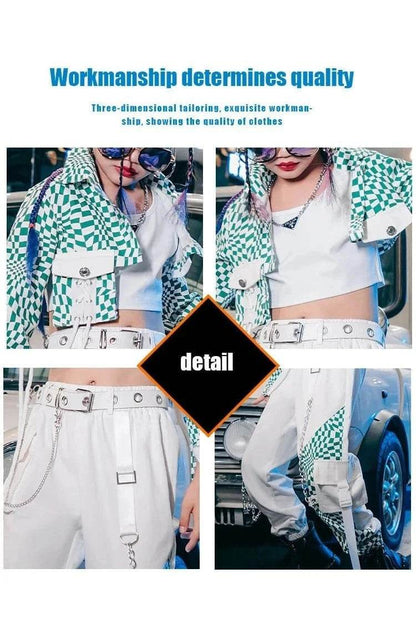 ZZL Y2K Girls Clothes – K-pop Street Dance 3-Piece Green & White Outfit, Jazz & Performance Wear - Giggles And Grab