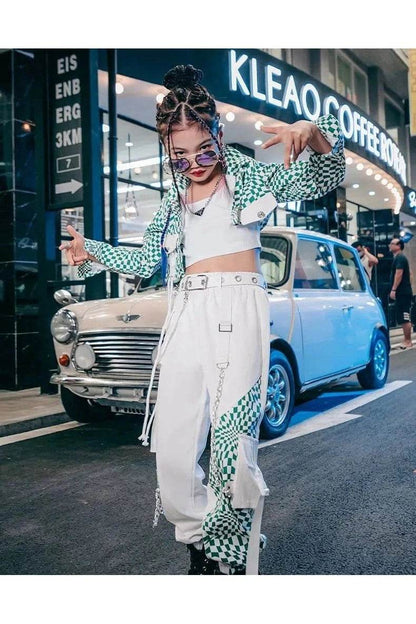 ZZL Y2K Girls Clothes – K-pop Street Dance 3-Piece Green & White Outfit, Jazz & Performance Wear - Giggles And Grab