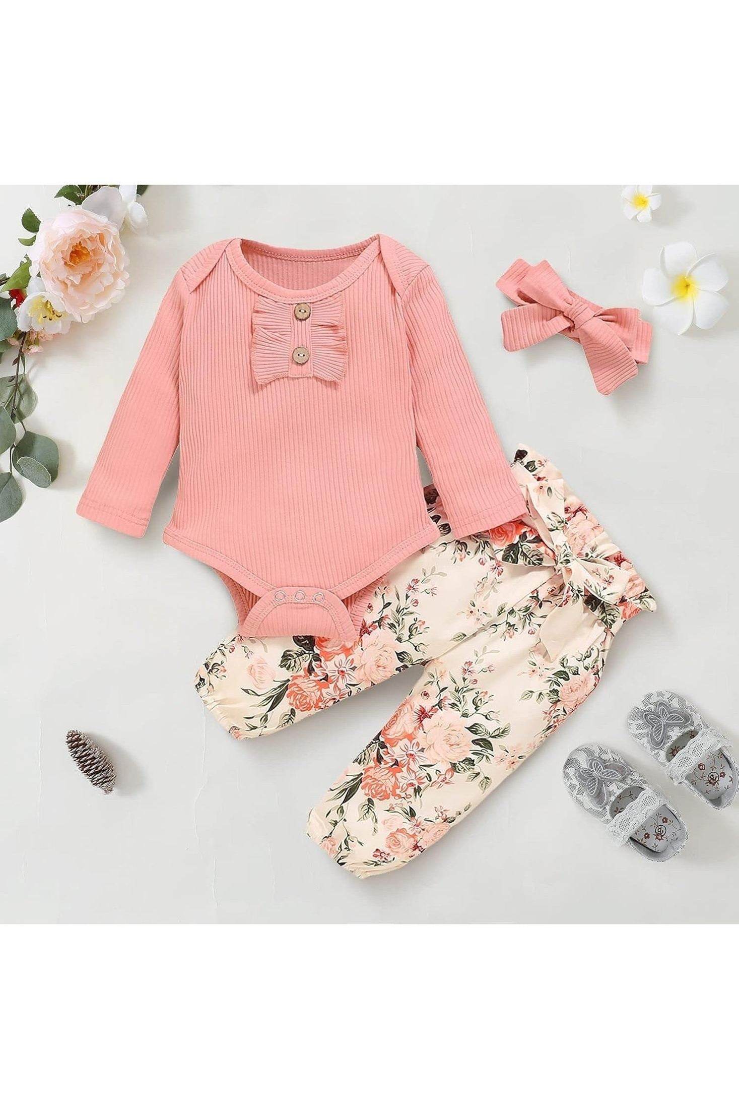 Newborn Baby Girl Romper Onesie and Pants Set – Floral Cotton Outfit for Girls - Giggles And Grab