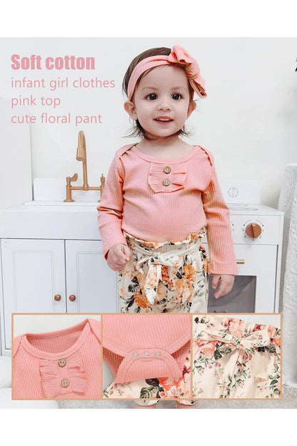 Newborn Baby Girl Romper Onesie and Pants Set – Floral Cotton Outfit for Girls - Giggles And Grab