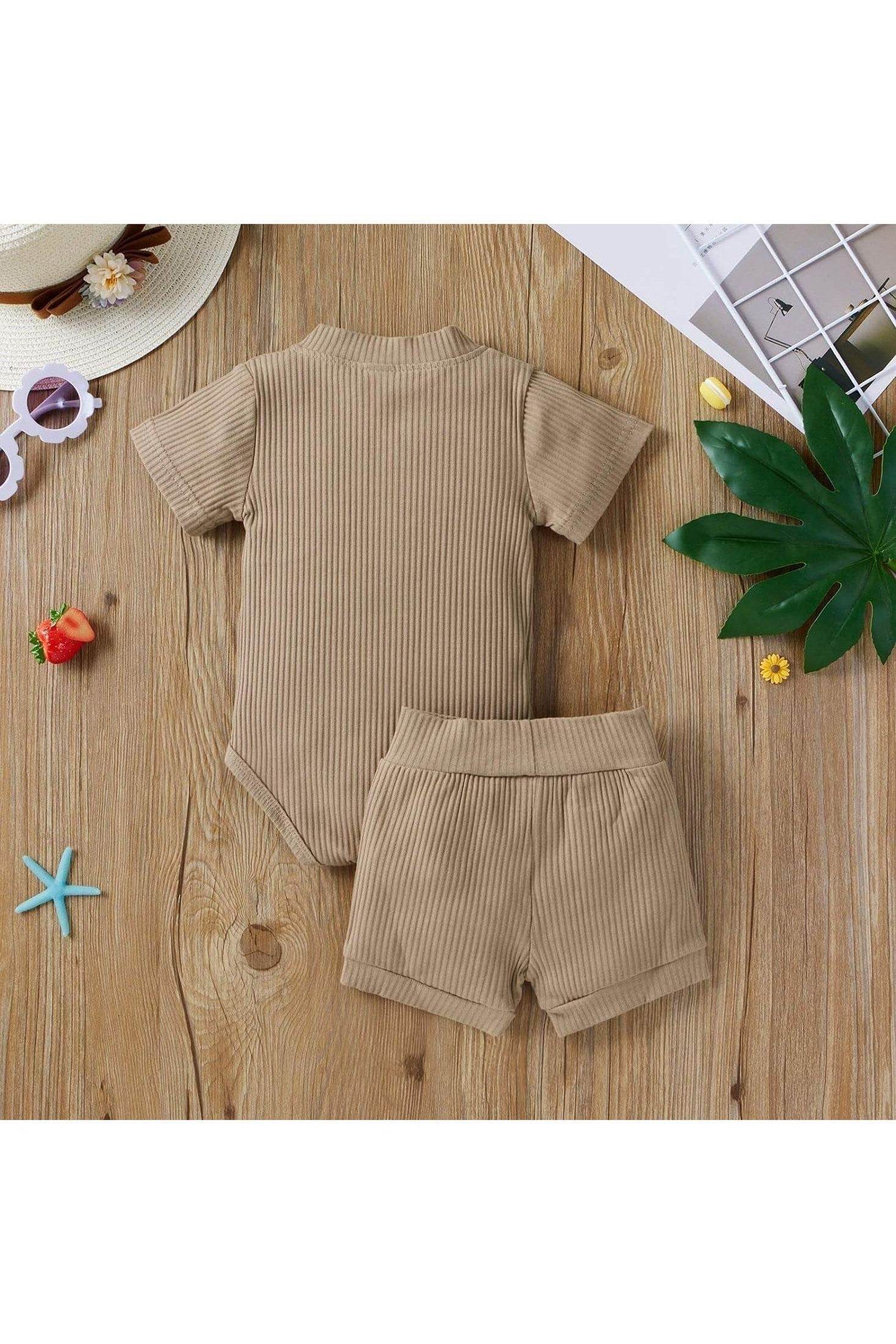 Summer Newborn Baby Boy & Girl Clothes Set – Ribbed Cotton 2-Piece Unisex Outfit with Button Top & Shorts - Giggles And Grab