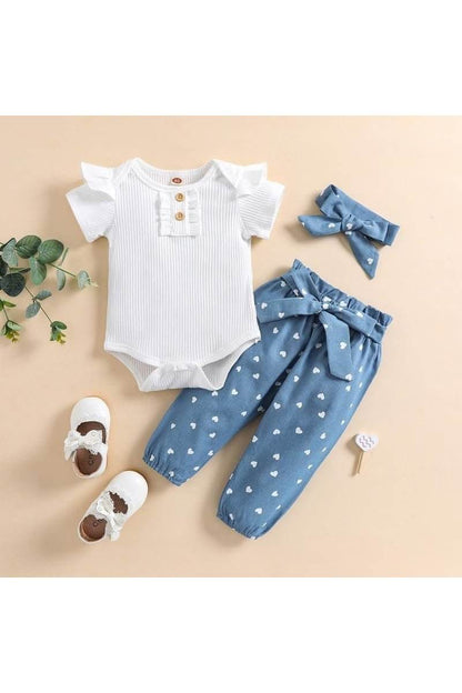 Newborn Baby Girl Ribbed Ruffled Romper, Floral Pants, and Headband – 3-Piece Summer Outfit Set - Giggles And Grab
